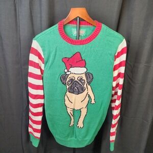 Ugly Christmas Sweater Santa Pug with Hat‎ Womens Medium Green Red Long Sleeve